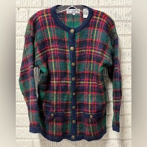 Mohair Blend Vintage button Cardigan Sweater Blue Plaid Medium